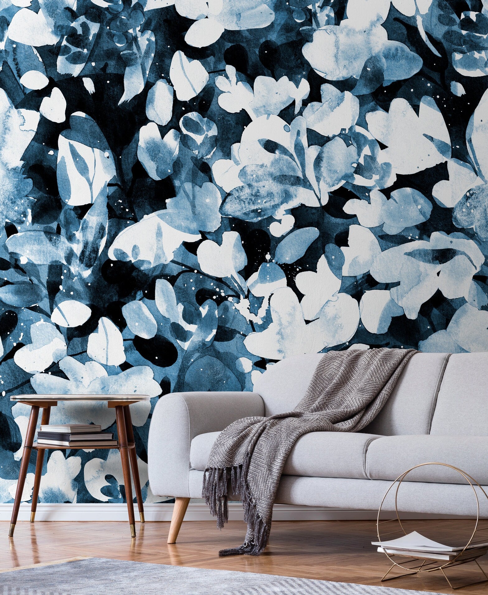 Wallpaper Peel and Stick Wallpaper Removable Wallpaper Home Decor Wall Art Wall Decor Room Decor / Navy Blue Leaves Wallpaper - X148