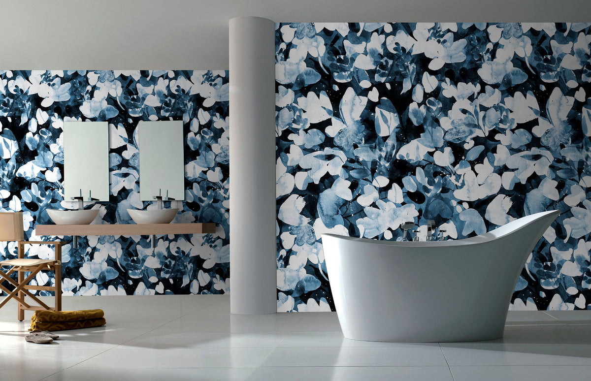 Wallpaper Peel and Stick Wallpaper Removable Wallpaper Home Decor Wall Art Wall Decor Room Decor / Navy Blue Leaves Wallpaper - X148