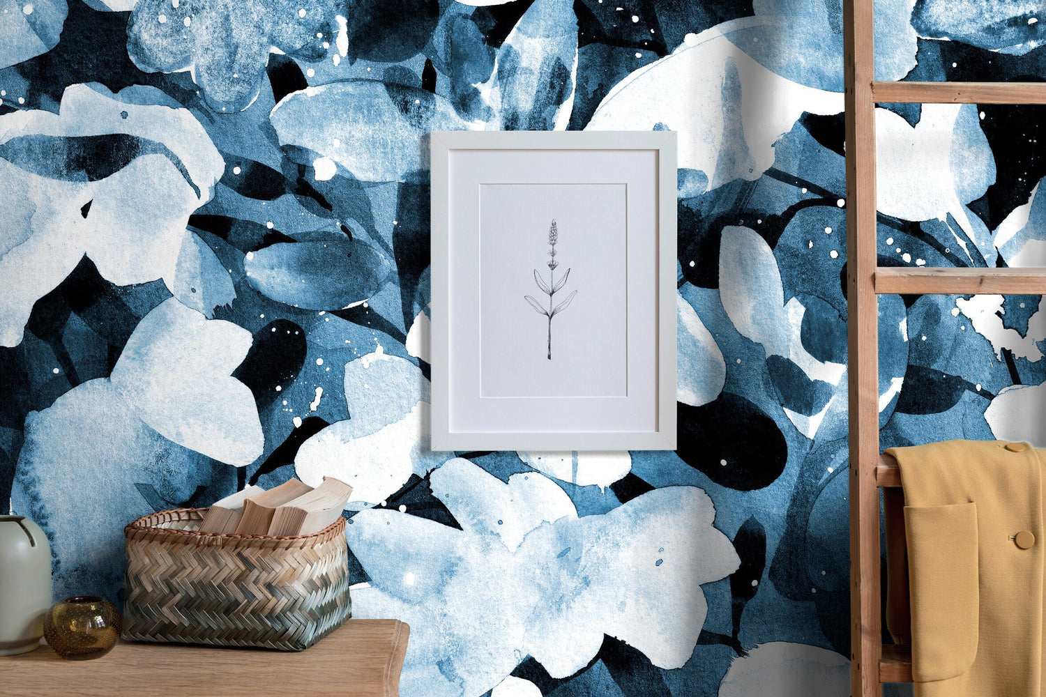 Wallpaper Peel and Stick Wallpaper Removable Wallpaper Home Decor Wall Art Wall Decor Room Decor / Navy Blue Leaves Wallpaper - X148