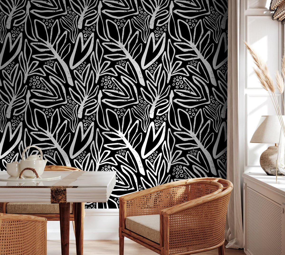 Wallpaper Peel and Stick Wallpaper Removable Wallpaper Home Decor Wall Art Wall Decor Room Decor / Black Abstract Leaf Wallpaper - X176