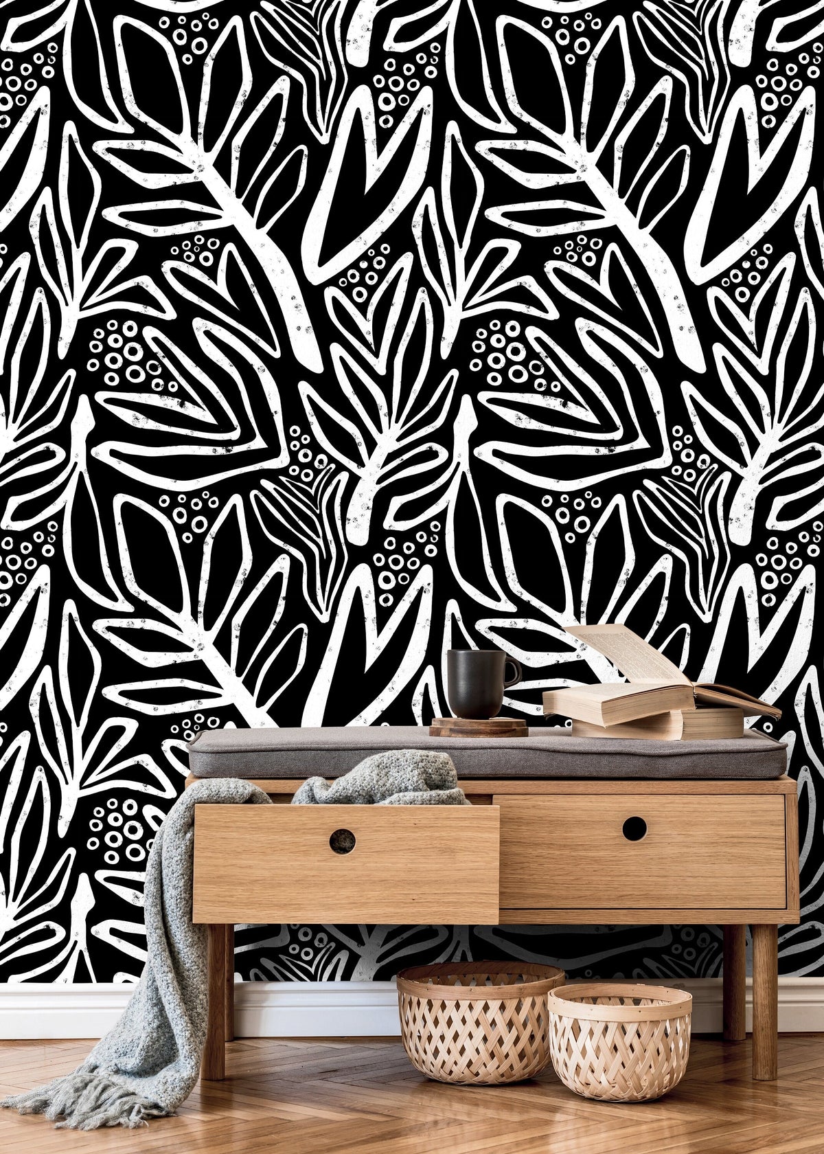 Wallpaper Peel and Stick Wallpaper Removable Wallpaper Home Decor Wall Art Wall Decor Room Decor / Black Abstract Leaf Wallpaper - X176