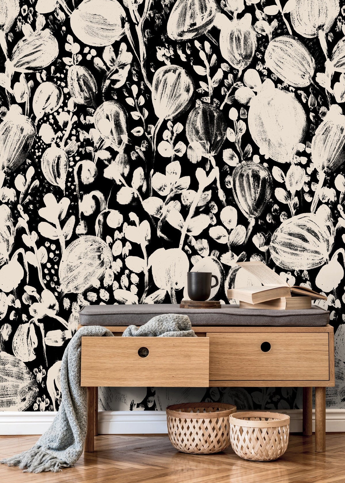 Wallpaper Peel and Stick Wallpaper Removable Wallpaper Home Decor Wall Art Wall Decor Room Decor/ Black Beige Vintage Floral Wallpaper -X188