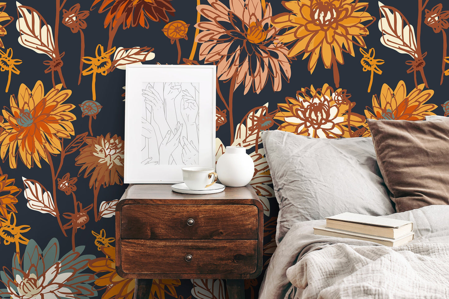Daisy Floral Drawing Wallpaper / Peel and Stick Wallpaper Removable Wallpaper Home Decor Wall Art Wall Decor Room Decor - C693