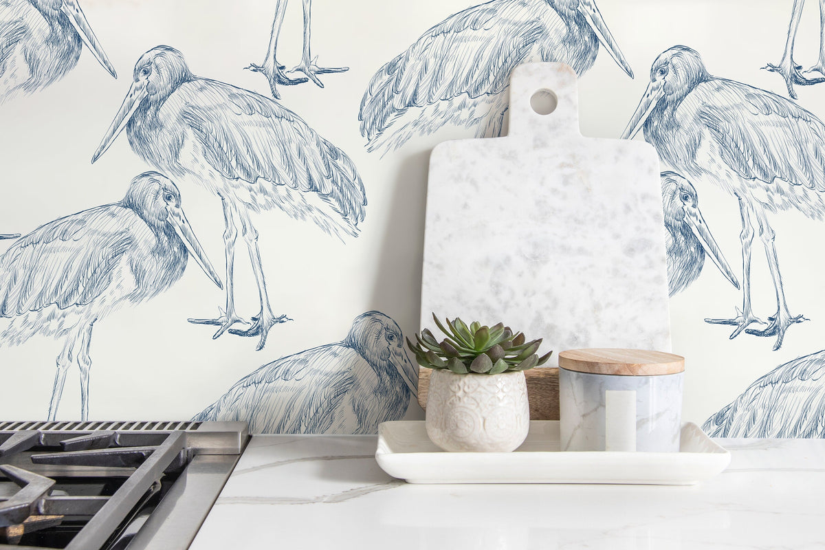 Blue Cranes Birds Wallpaper / Peel and Stick Wallpaper Removable Wallpaper Home Decor Wall Art Wall Decor Room Decor - D058