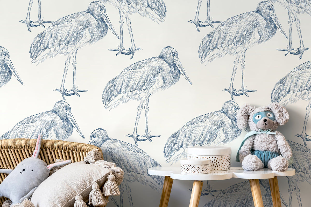 Blue Cranes Birds Wallpaper / Peel and Stick Wallpaper Removable Wallpaper Home Decor Wall Art Wall Decor Room Decor - D058
