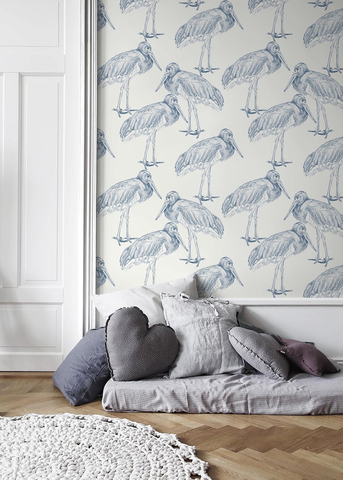 Blue Cranes Birds Wallpaper / Peel and Stick Wallpaper Removable Wallpaper Home Decor Wall Art Wall Decor Room Decor - D058