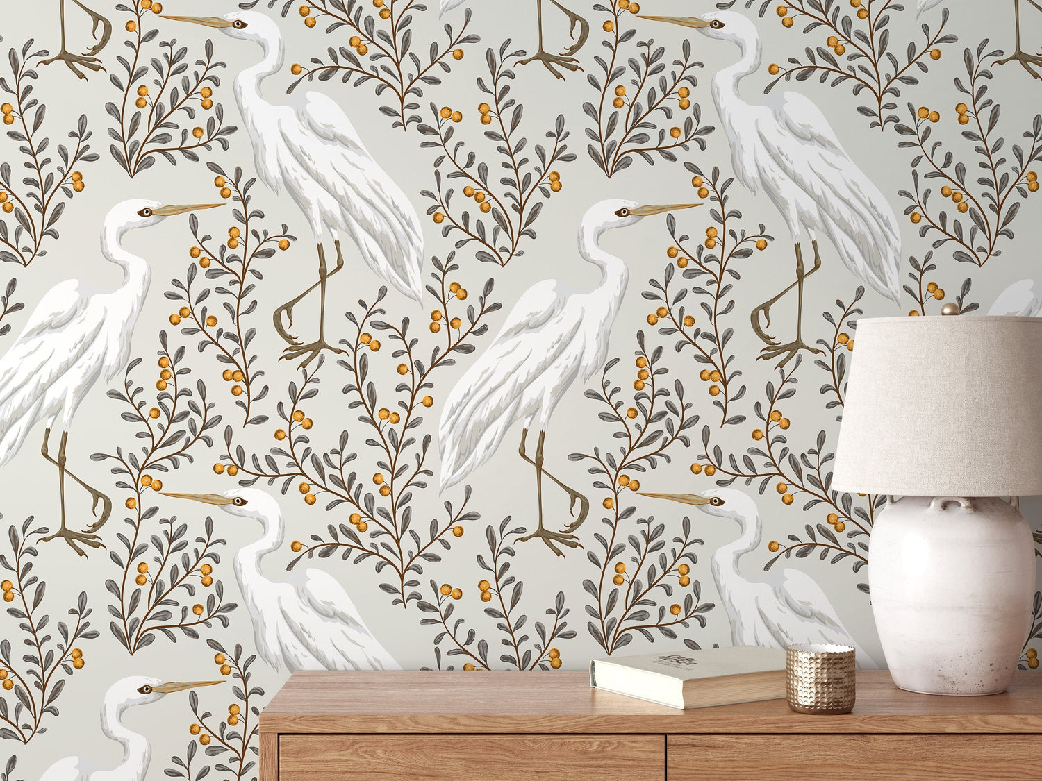Neutral Floral Cranes Birds Wallpaper / Peel and Stick Wallpaper Removable Wallpaper Home Decor Wall Art Wall Decor Room Decor - D073