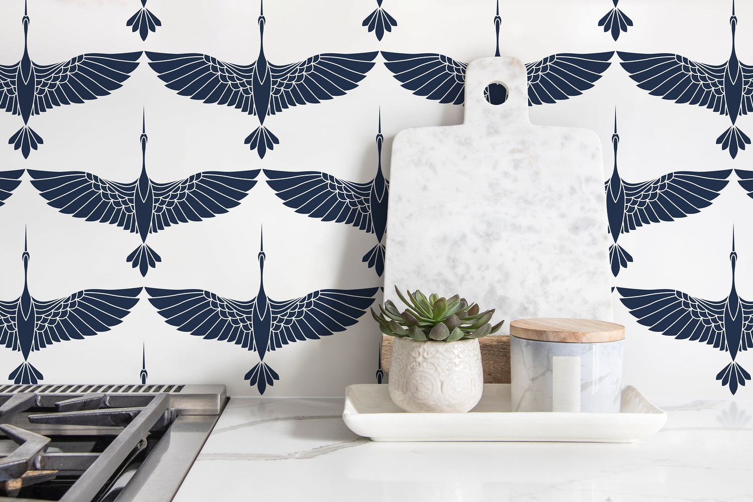 Mid Century Cranes Wallpaper Art Deco Swans Navy Blue Wallpaper / Peel and Stick Wallpaper Removable Wallpaper Home Decor Wall Art - CC-D083