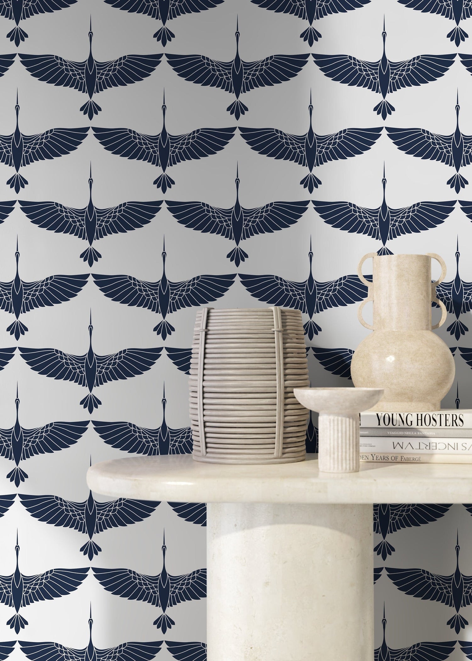 Mid Century Cranes Wallpaper Art Deco Swans Navy Blue Wallpaper / Peel and Stick Wallpaper Removable Wallpaper Home Decor Wall Art - CC-D083