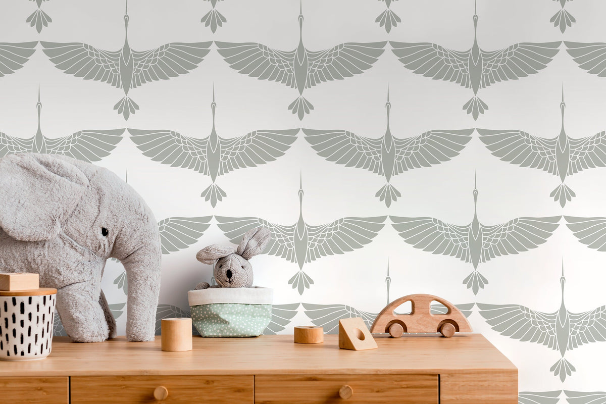 Mid Century Cranes Wallpaper Art Deco Swans Neutral Wallpaper / Peel and Stick Wallpaper Removable Wallpaper Home Decor Wall Art - CC-D086