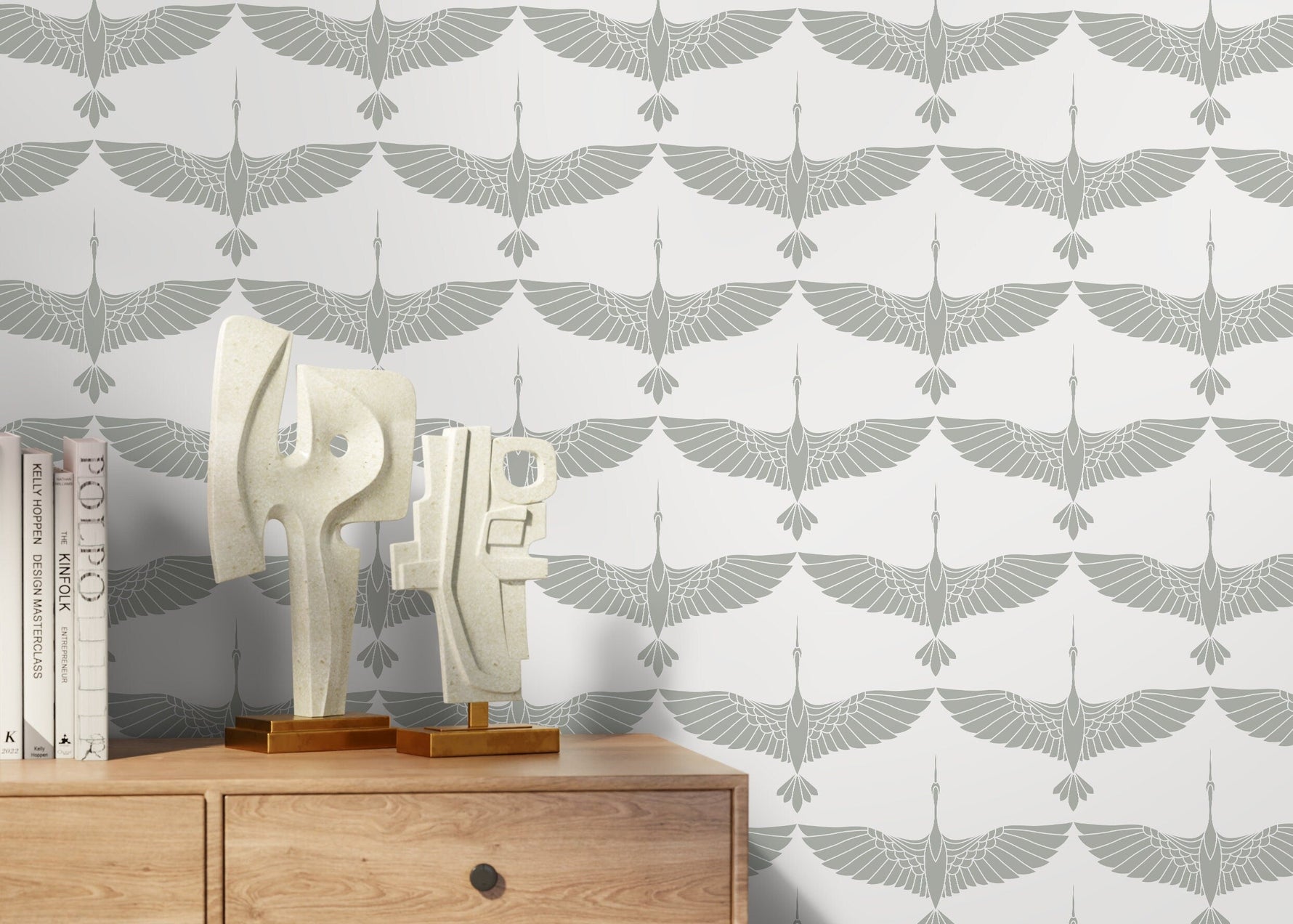 Mid Century Cranes Wallpaper Art Deco Swans Neutral Wallpaper / Peel and Stick Wallpaper Removable Wallpaper Home Decor Wall Art - CC-D086