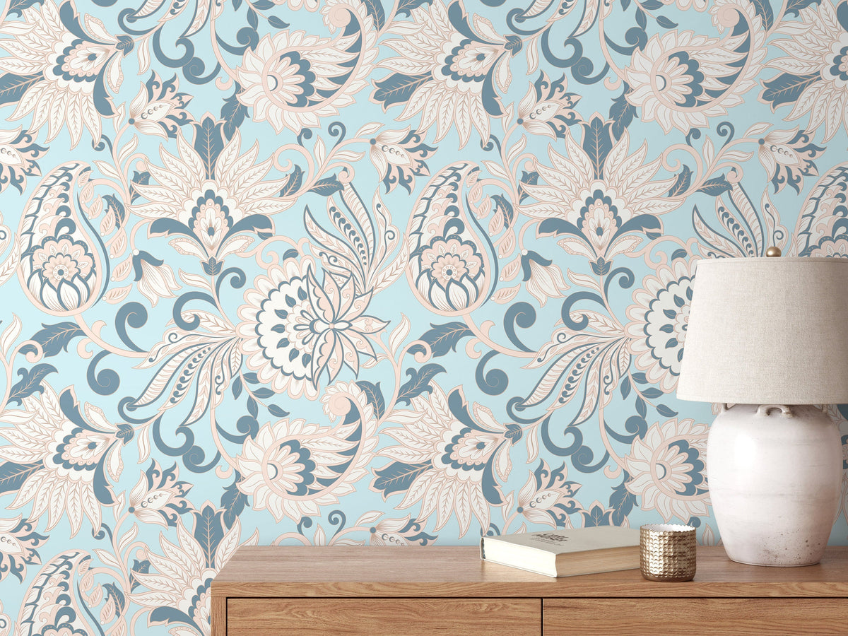 Light Blue Vintage Wallpaper / Peel and Stick Wallpaper Removable Wallpaper Home Decor Wall Art Wall Decor Room Decor - D090