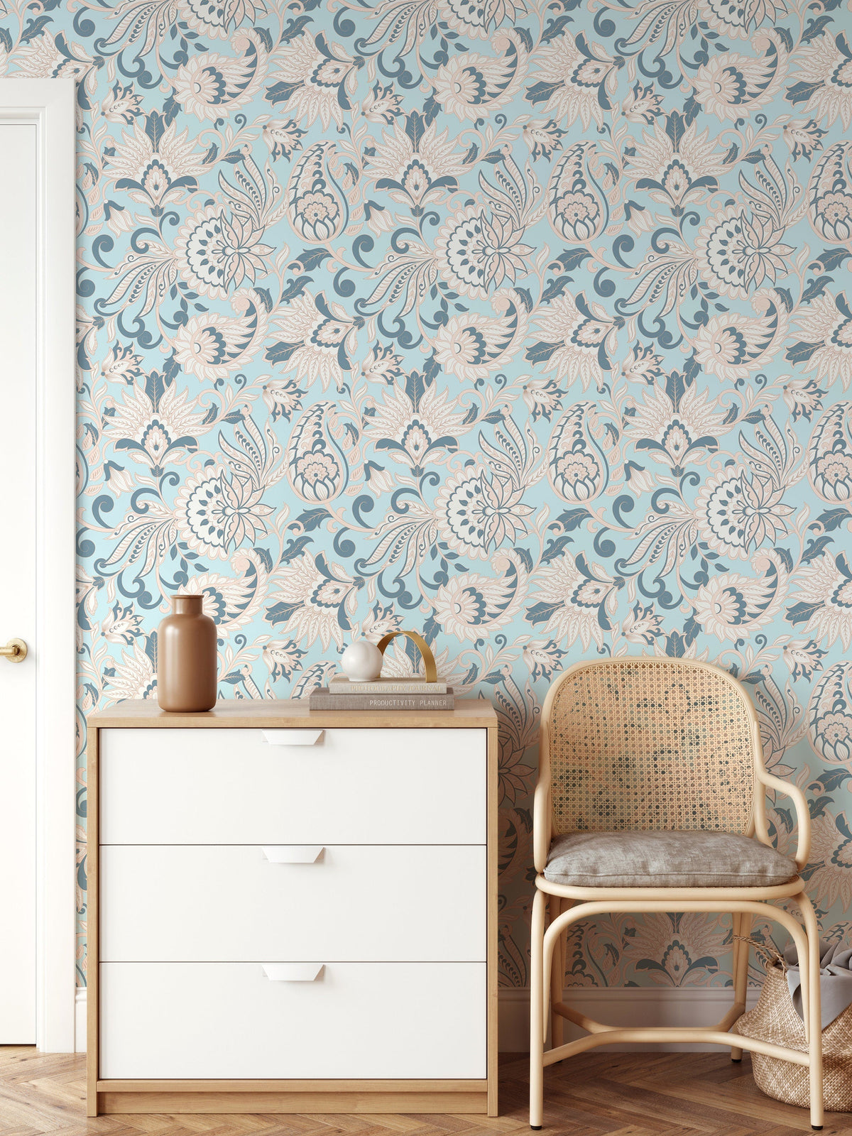 Light Blue Vintage Wallpaper / Peel and Stick Wallpaper Removable Wallpaper Home Decor Wall Art Wall Decor Room Decor - D090