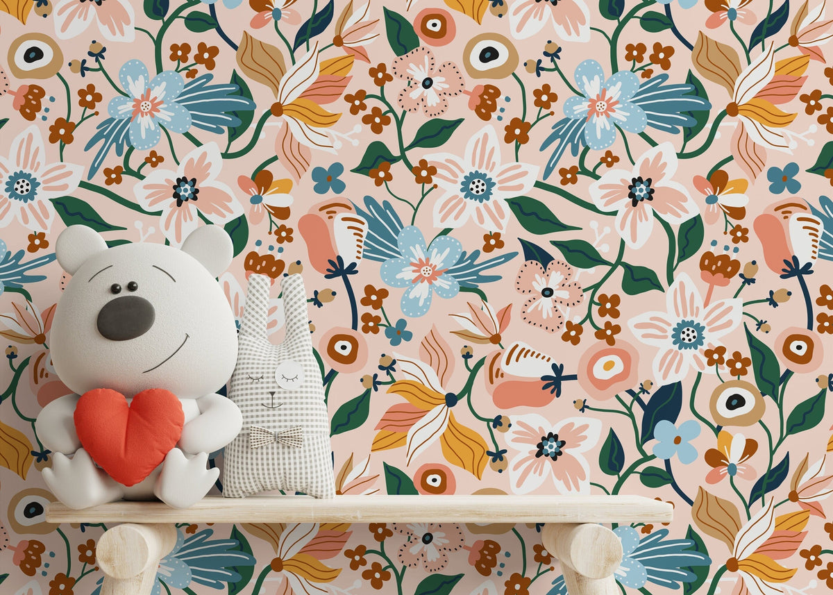 Pink Floral Garden Wallpaper / Peel and Stick Wallpaper Removable Wallpaper Home Decor Wall Art Wall Decor Room Decor - D120