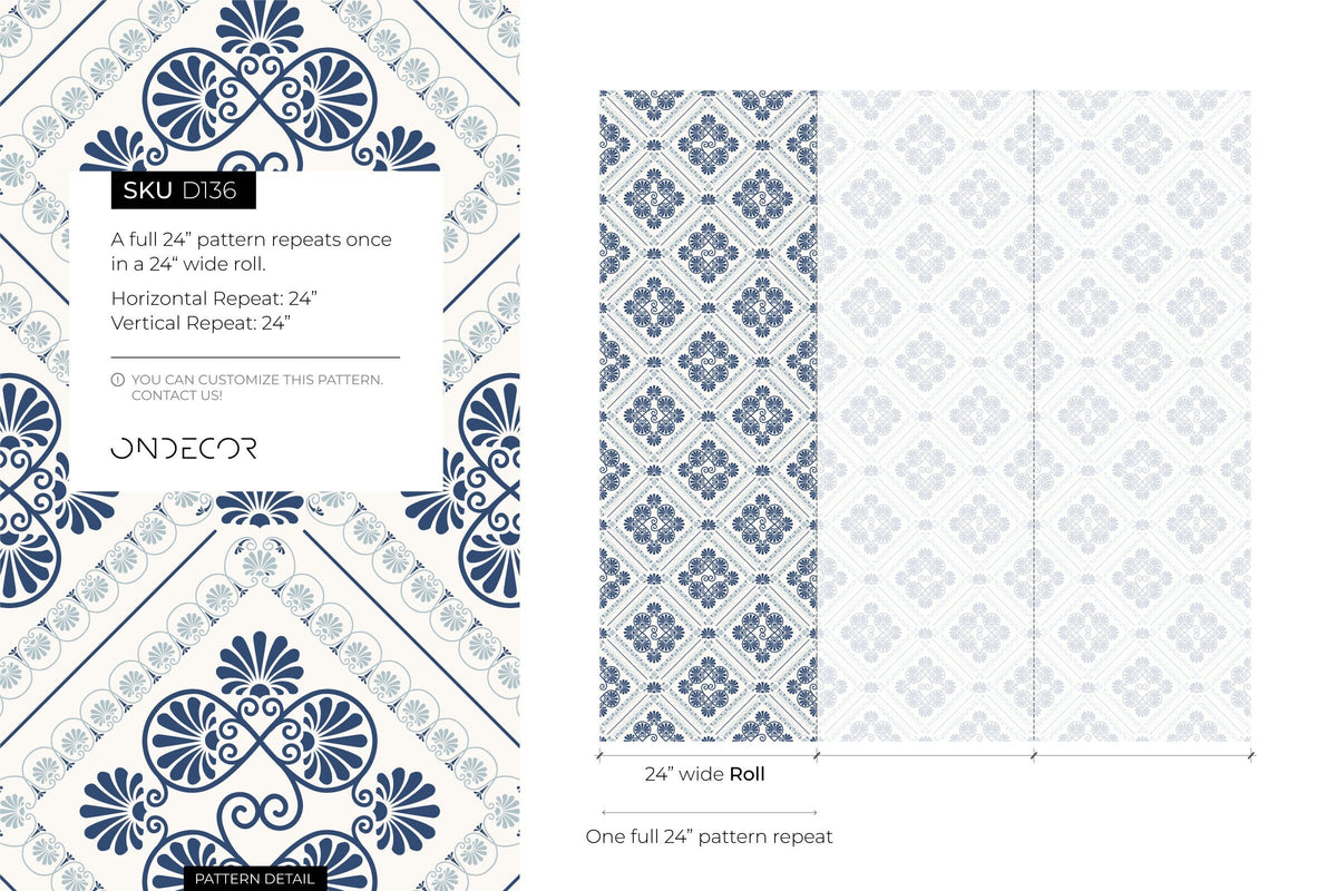 Blue Retro Tile Wallpaper / Peel and Stick Wallpaper Removable Wallpaper Home Decor Wall Art Wall Decor Room Decor - D136