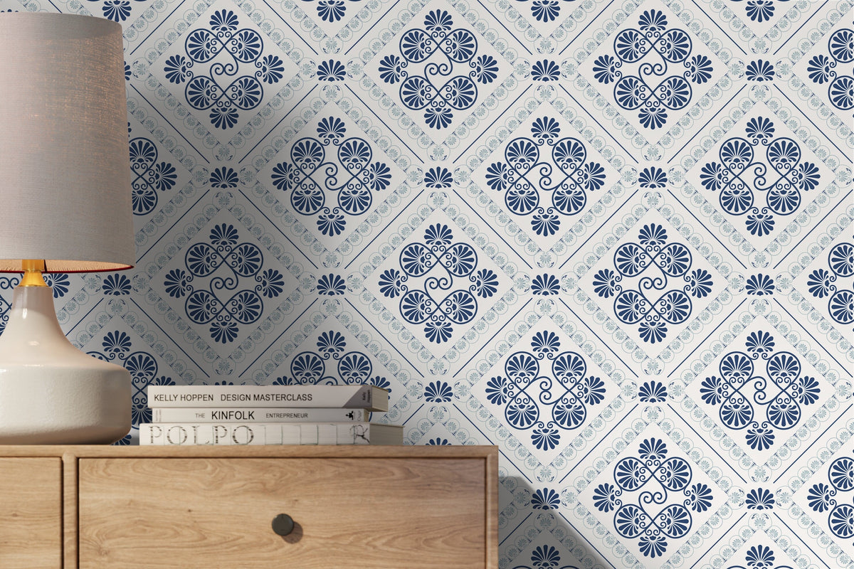 Blue Retro Tile Wallpaper / Peel and Stick Wallpaper Removable Wallpaper Home Decor Wall Art Wall Decor Room Decor - D136
