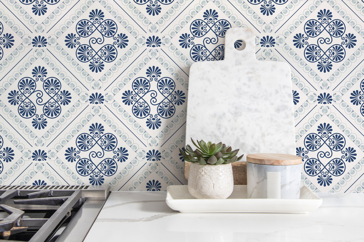 Blue Retro Tile Wallpaper / Peel and Stick Wallpaper Removable Wallpaper Home Decor Wall Art Wall Decor Room Decor - D136