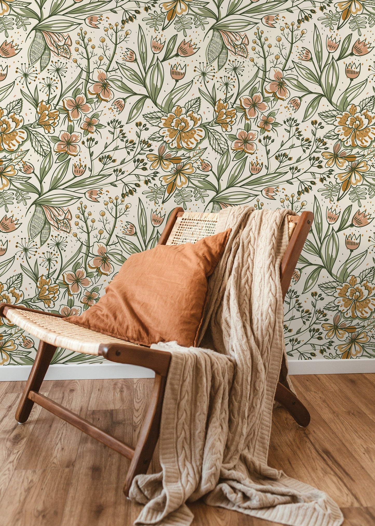 Floral Garden Hand Drawing Wallpaper / Peel and Stick Wallpaper Removable Wallpaper Home Decor Wall Art Wall Decor Room Decor - D139