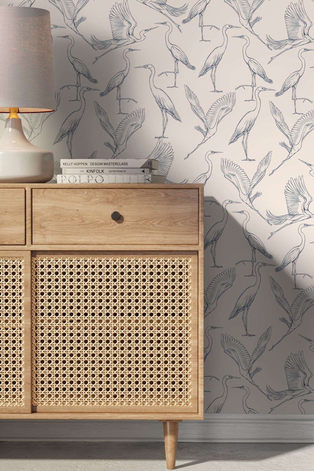Beige Boho Crane Birds Wallpaper / Peel and Stick Wallpaper Removable Wallpaper Home Decor Wall Art Wall Decor Room Decor - D104