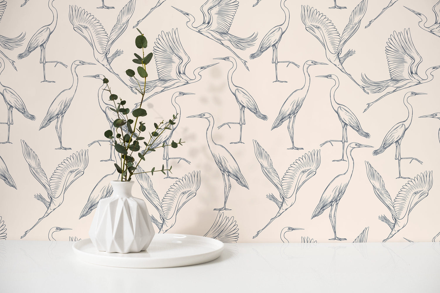 Beige Boho Crane Birds Wallpaper / Peel and Stick Wallpaper Removable Wallpaper Home Decor Wall Art Wall Decor Room Decor - D104
