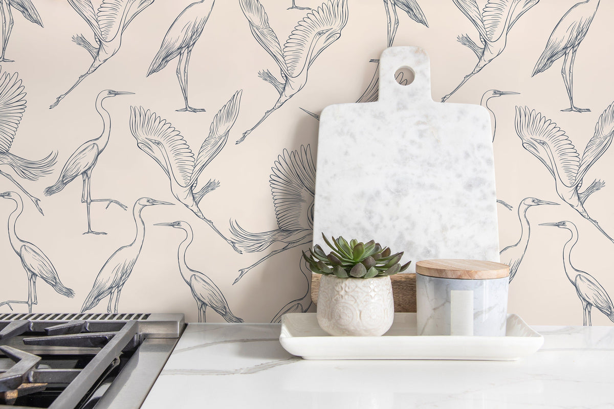 Beige Boho Crane Birds Wallpaper / Peel and Stick Wallpaper Removable Wallpaper Home Decor Wall Art Wall Decor Room Decor - D104