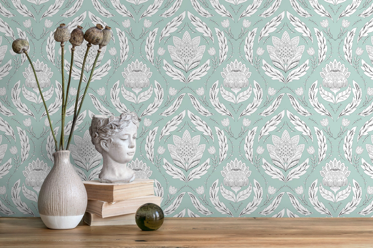 Mint Floral Vintage Wallpaper / Peel and Stick Wallpaper Removable Wallpaper Home Decor Wall Art Wall Decor Room Decor - D060