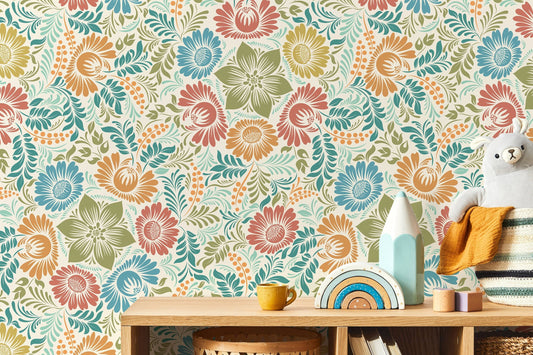 Colorful Floral Wallpaper / Peel and Stick Wallpaper Removable Wallpaper Home Decor Wall Art Wall Decor Room Decor - D070