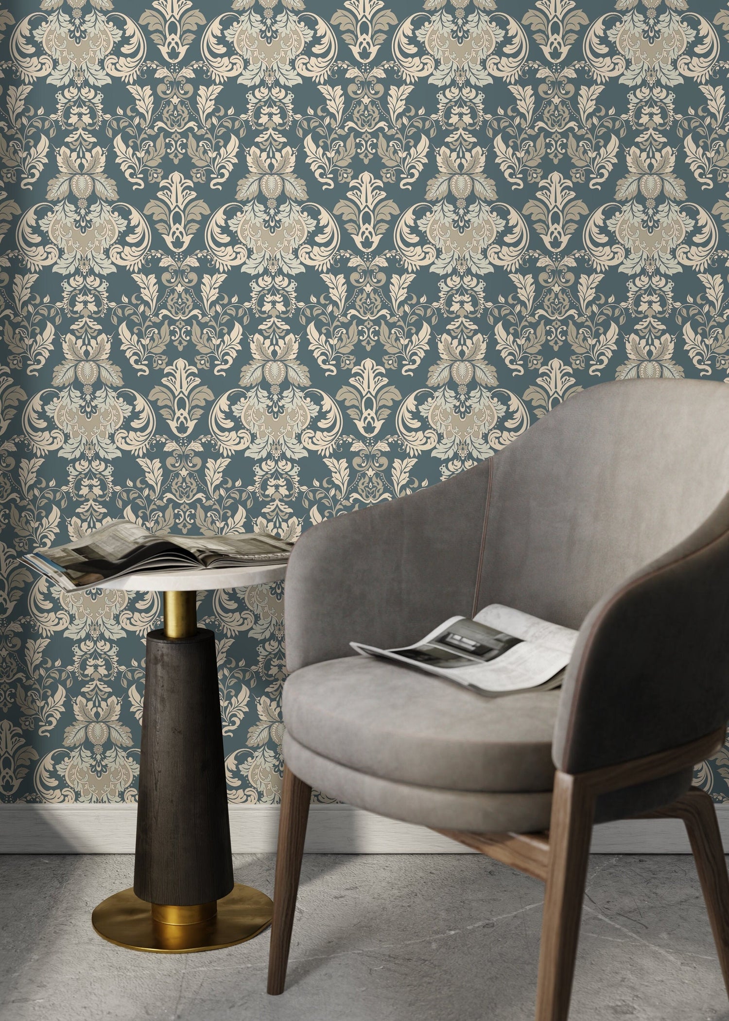 Green Victorian Damask Wallpaper / Peel and Stick Wallpaper Removable Wallpaper Home Decor Wall Art Wall Decor Room Decor - D094