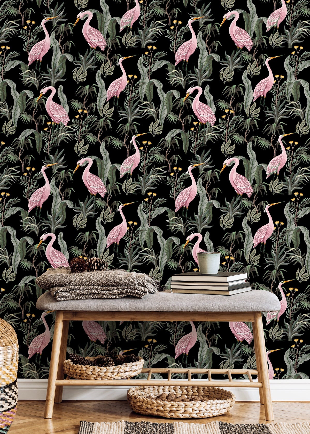 Chinoiserie Crane Birds Wallpaper / Peel and Stick Wallpaper Removable Wallpaper Home Decor Wall Art Wall Decor Room Decor - D123