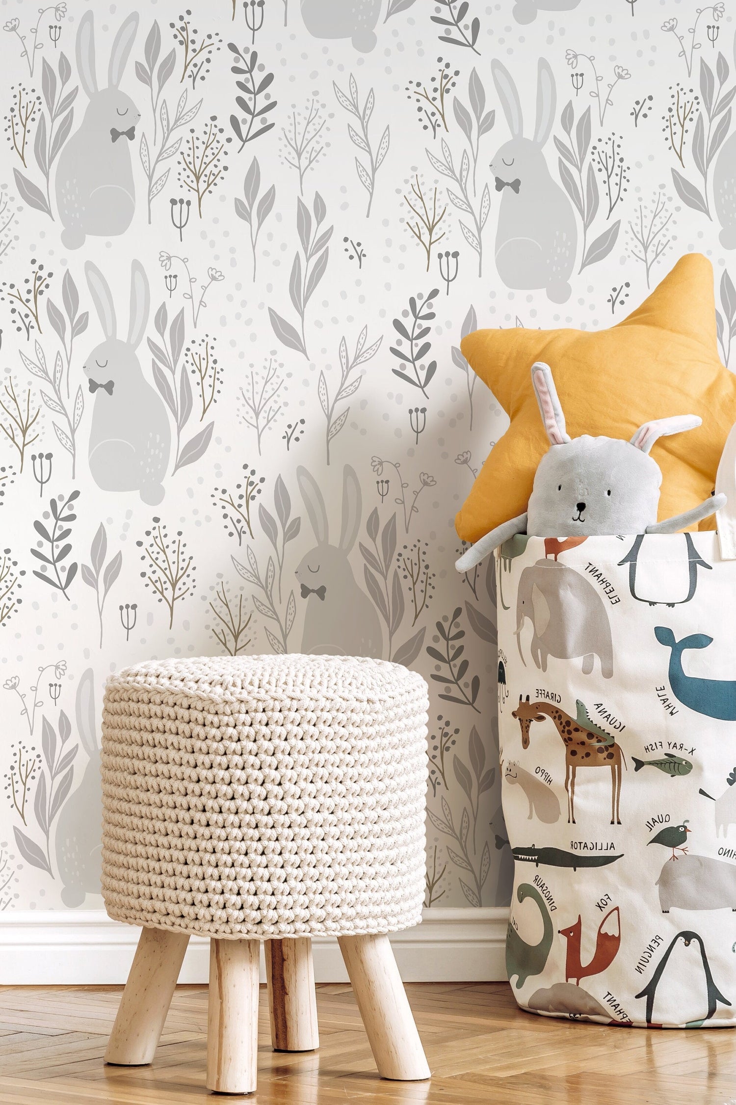 Neutral Bunny Nursery Wallpaper / Peel and Stick Wallpaper Removable Wallpaper Home Decor Wall Art Wall Decor Room Decor - D125