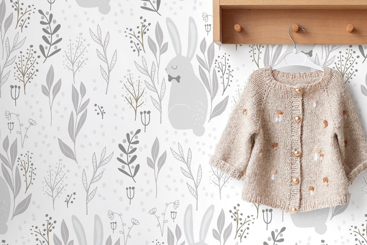 Neutral Bunny Nursery Wallpaper / Peel and Stick Wallpaper Removable Wallpaper Home Decor Wall Art Wall Decor Room Decor - D125