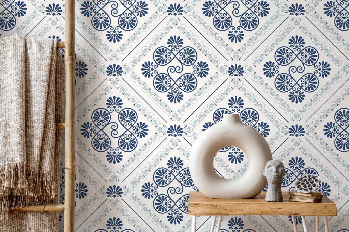 Blue Retro Tile Wallpaper / Peel and Stick Wallpaper Removable Wallpaper Home Decor Wall Art Wall Decor Room Decor - D136