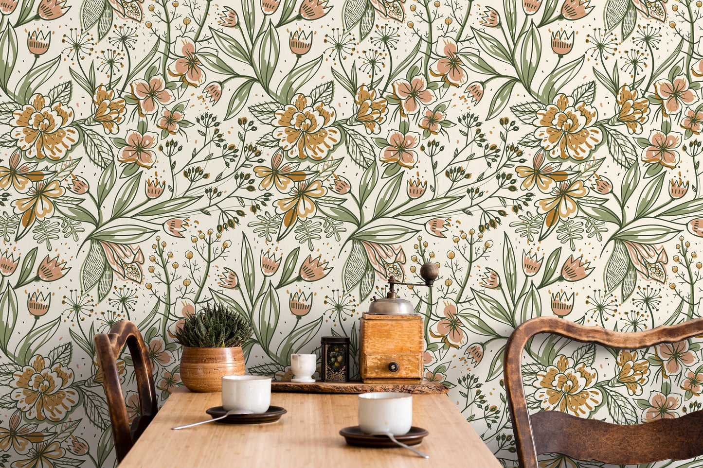 Floral Garden Hand Drawing Wallpaper / Peel and Stick Wallpaper Removable Wallpaper Home Decor Wall Art Wall Decor Room Decor - D139