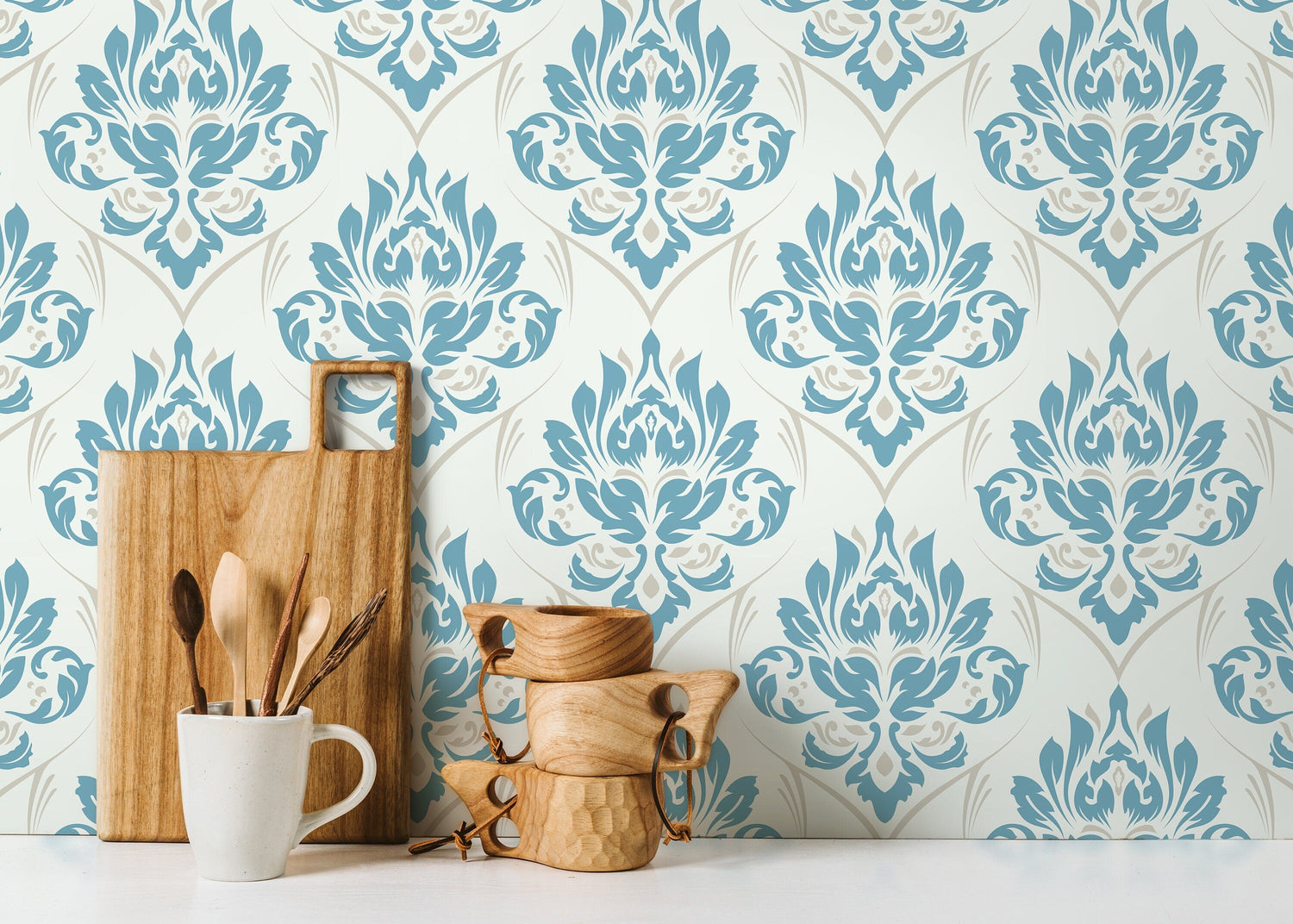 Light Blue Damask Wallpaper / Peel and Stick Wallpaper Removable Wallpaper Home Decor Wall Art Wall Decor Room Decor - D228