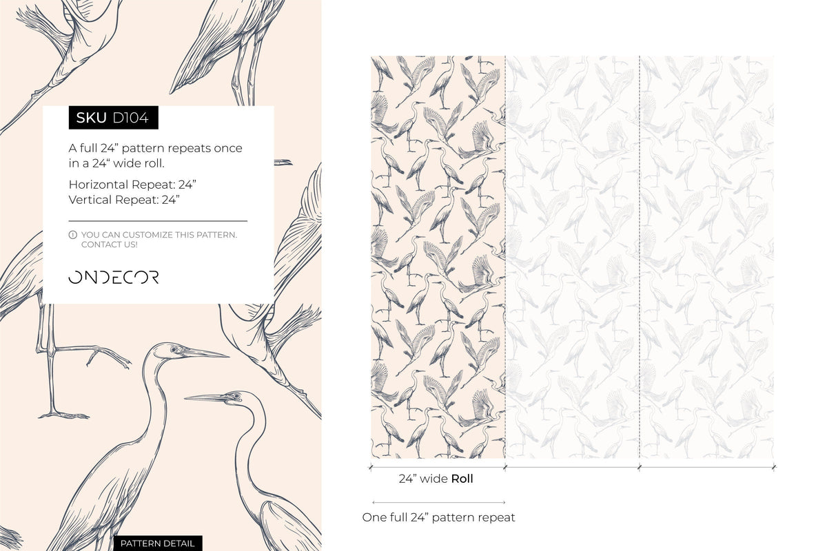 Beige Boho Crane Birds Wallpaper / Peel and Stick Wallpaper Removable Wallpaper Home Decor Wall Art Wall Decor Room Decor - D104