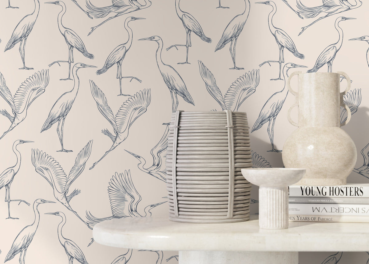 Beige Boho Crane Birds Wallpaper / Peel and Stick Wallpaper Removable Wallpaper Home Decor Wall Art Wall Decor Room Decor - D104
