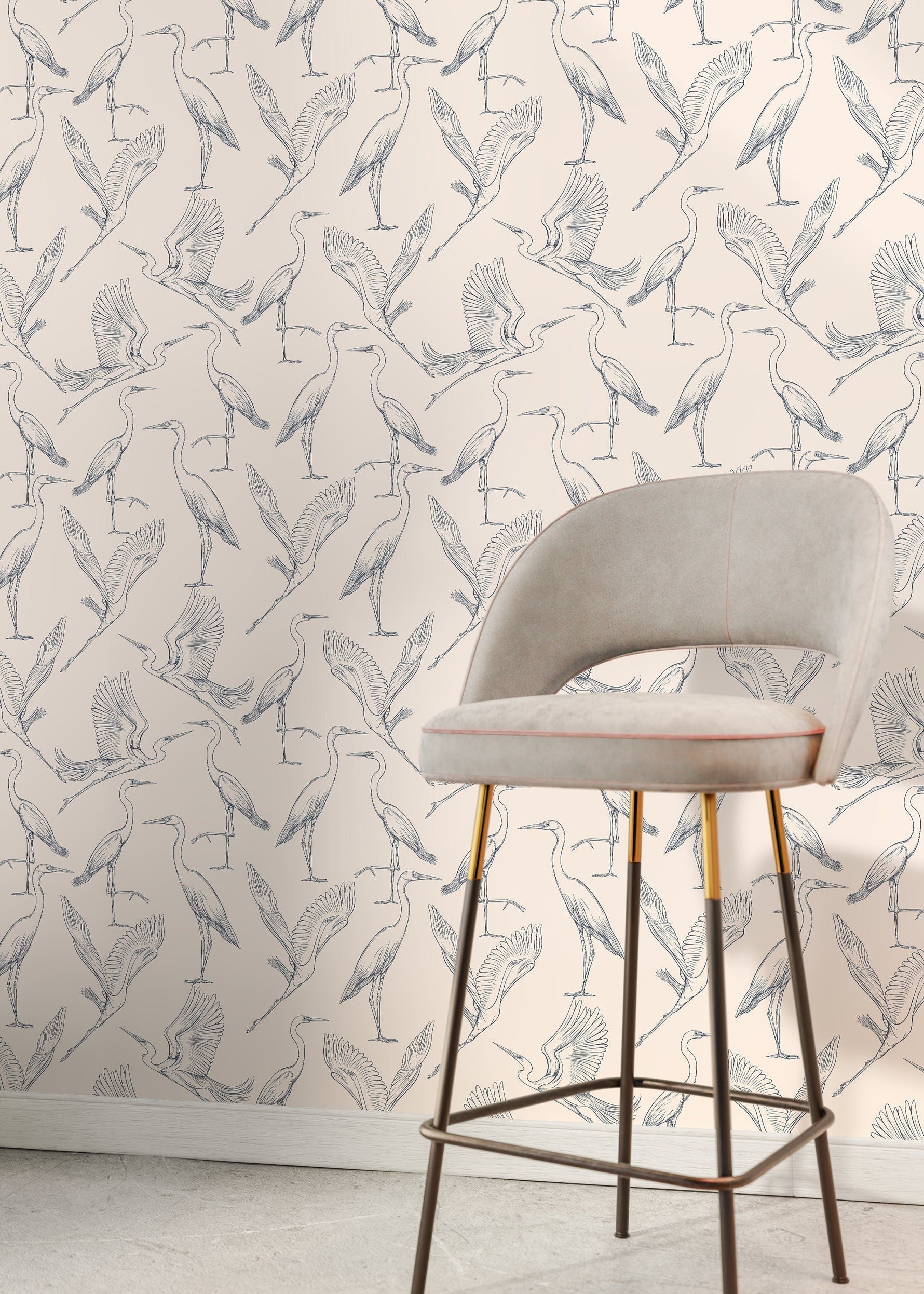 Beige Boho Crane Birds Wallpaper / Peel and Stick Wallpaper Removable Wallpaper Home Decor Wall Art Wall Decor Room Decor - D104