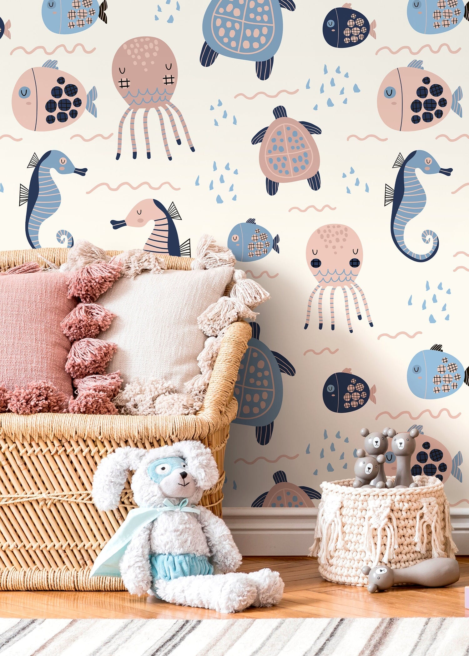 Cute Ocean Animals Wallpaper / Peel and Stick Wallpaper Removable Wallpaper Home Decor Wall Art Wall Decor Room Decor - D111