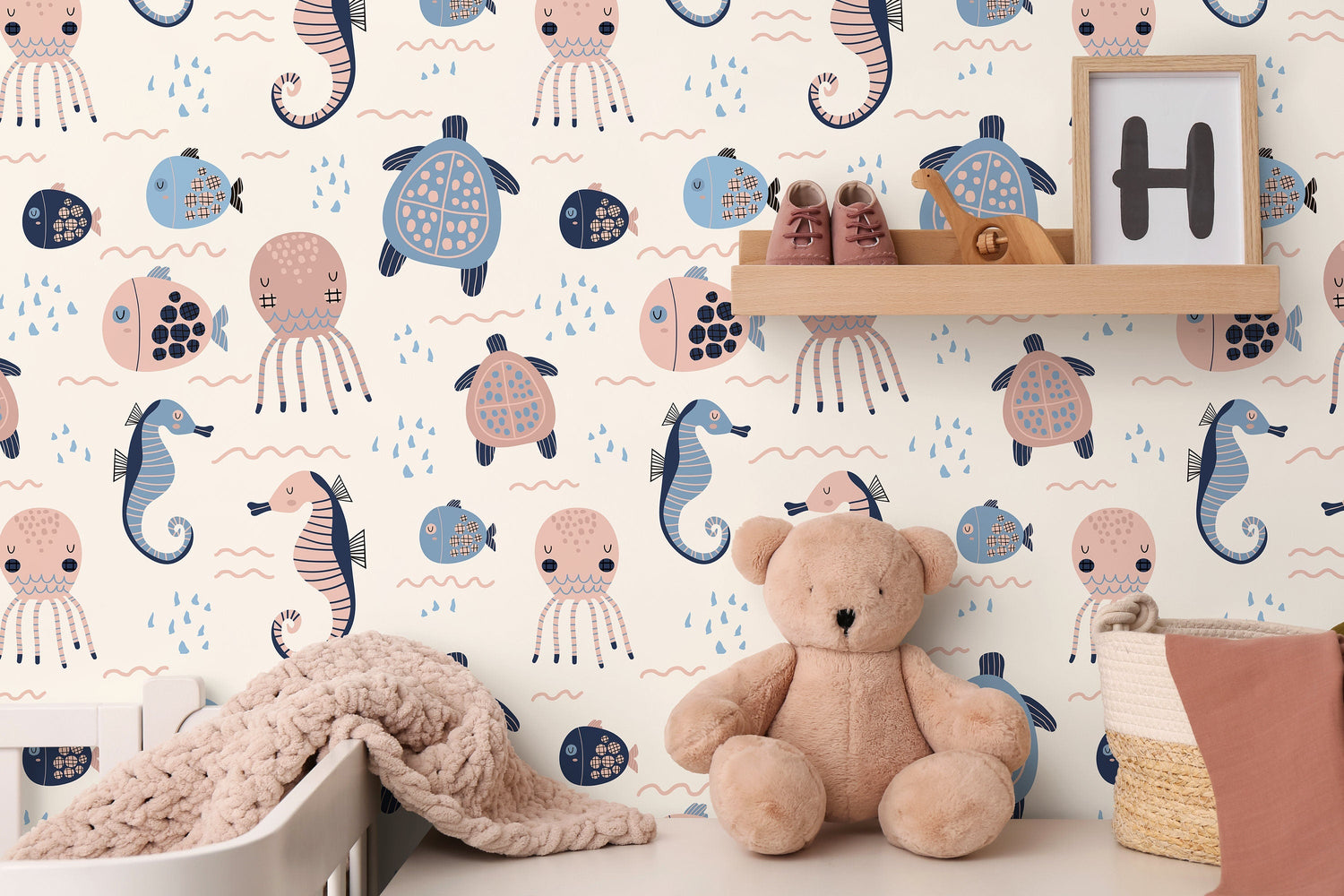 Cute Ocean Animals Wallpaper / Peel and Stick Wallpaper Removable Wallpaper Home Decor Wall Art Wall Decor Room Decor - D111