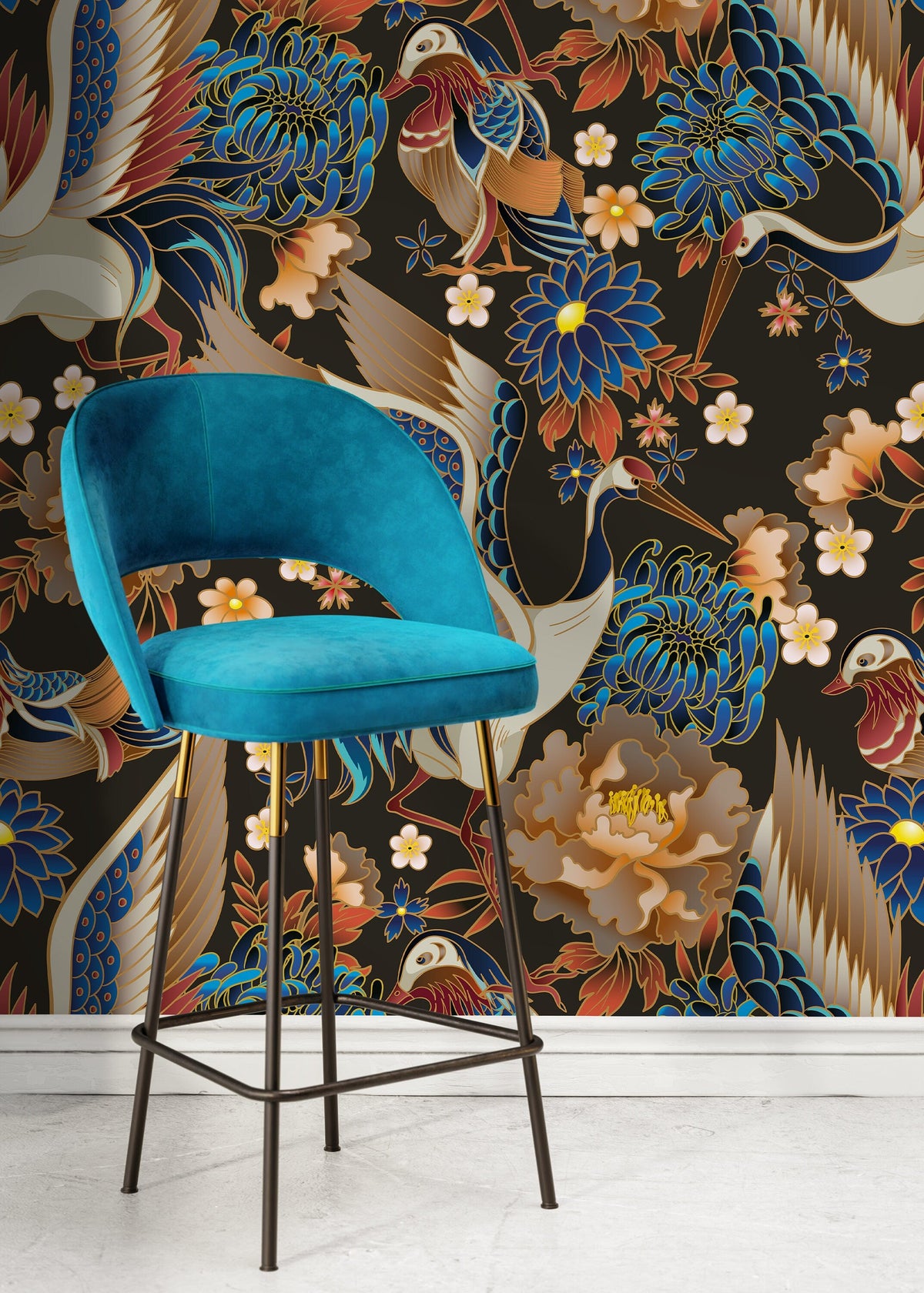 Chinoiserie Crane Birds Wallpaper / Peel and Stick Wallpaper Removable Wallpaper Home Decor Wall Art Wall Decor Room Decor - D245