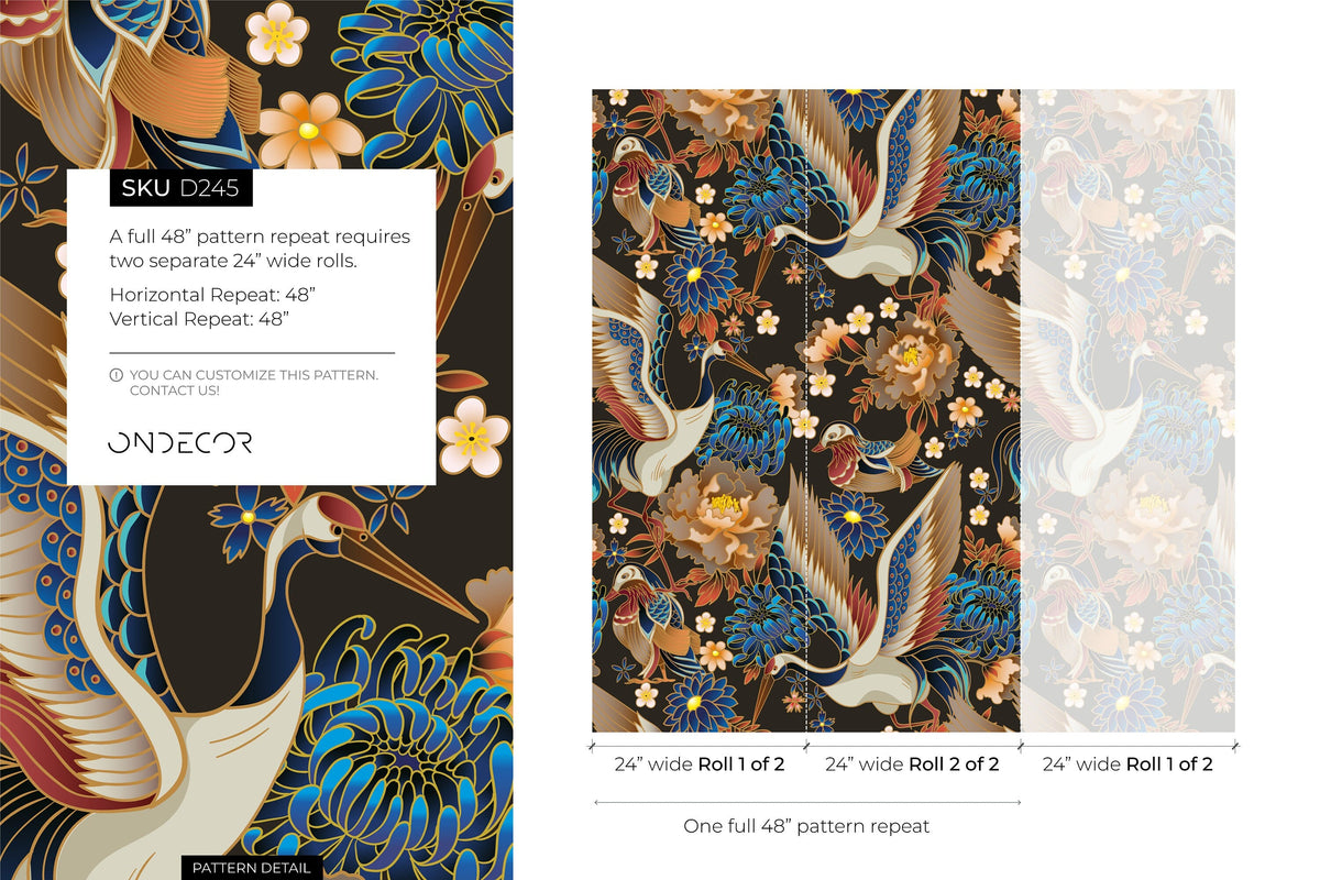 Chinoiserie Crane Birds Wallpaper / Peel and Stick Wallpaper Removable Wallpaper Home Decor Wall Art Wall Decor Room Decor - D245