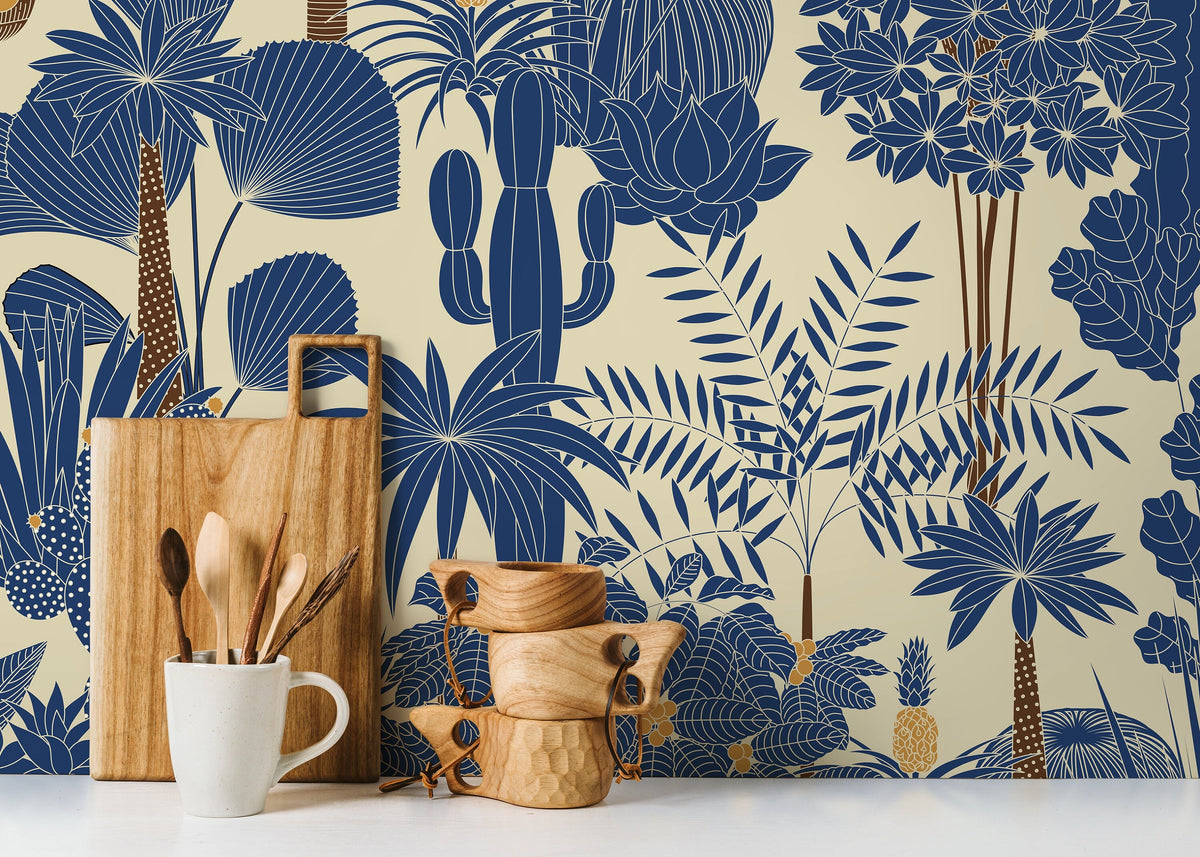 Blue Tropical Jungle Wallpaper / Peel and Stick Wallpaper Removable Wallpaper Home Decor Wall Art Wall Decor Room Decor - D274