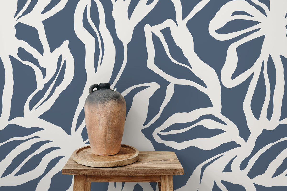 Navy Abstract Floral Wallpaper / Peel and Stick Wallpaper Removable Wallpaper Home Decor Wall Art Wall Decor Room Decor - D285