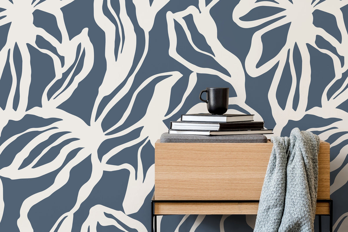 Navy Abstract Floral Wallpaper / Peel and Stick Wallpaper Removable Wallpaper Home Decor Wall Art Wall Decor Room Decor - D285