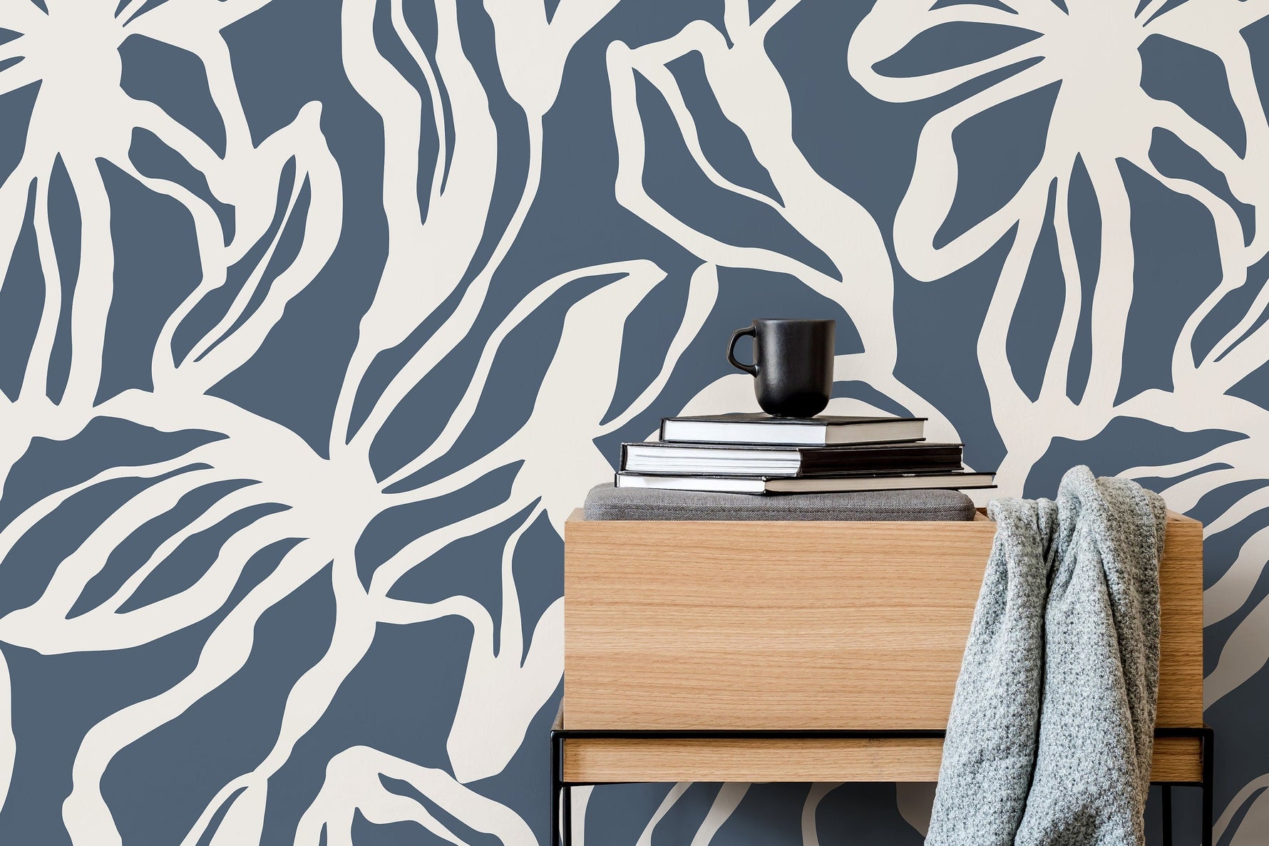 Navy Abstract Floral Wallpaper / Peel and Stick Wallpaper Removable Wallpaper Home Decor Wall Art Wall Decor Room Decor - D285