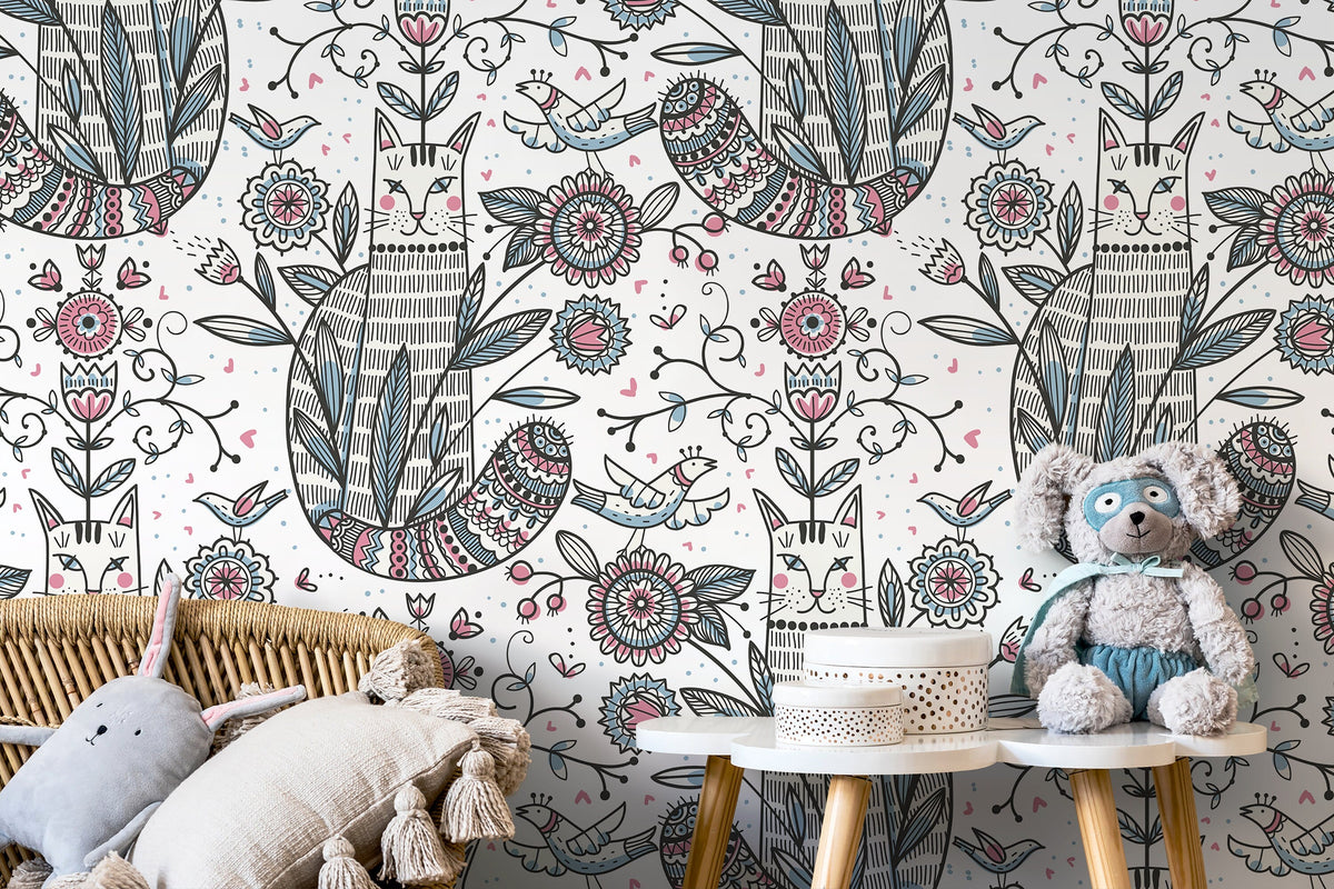 Floral and Cat Wallpaper / Peel and Stick Wallpaper Removable Wallpaper Home Decor Wall Art Wall Decor Room Decor - D295