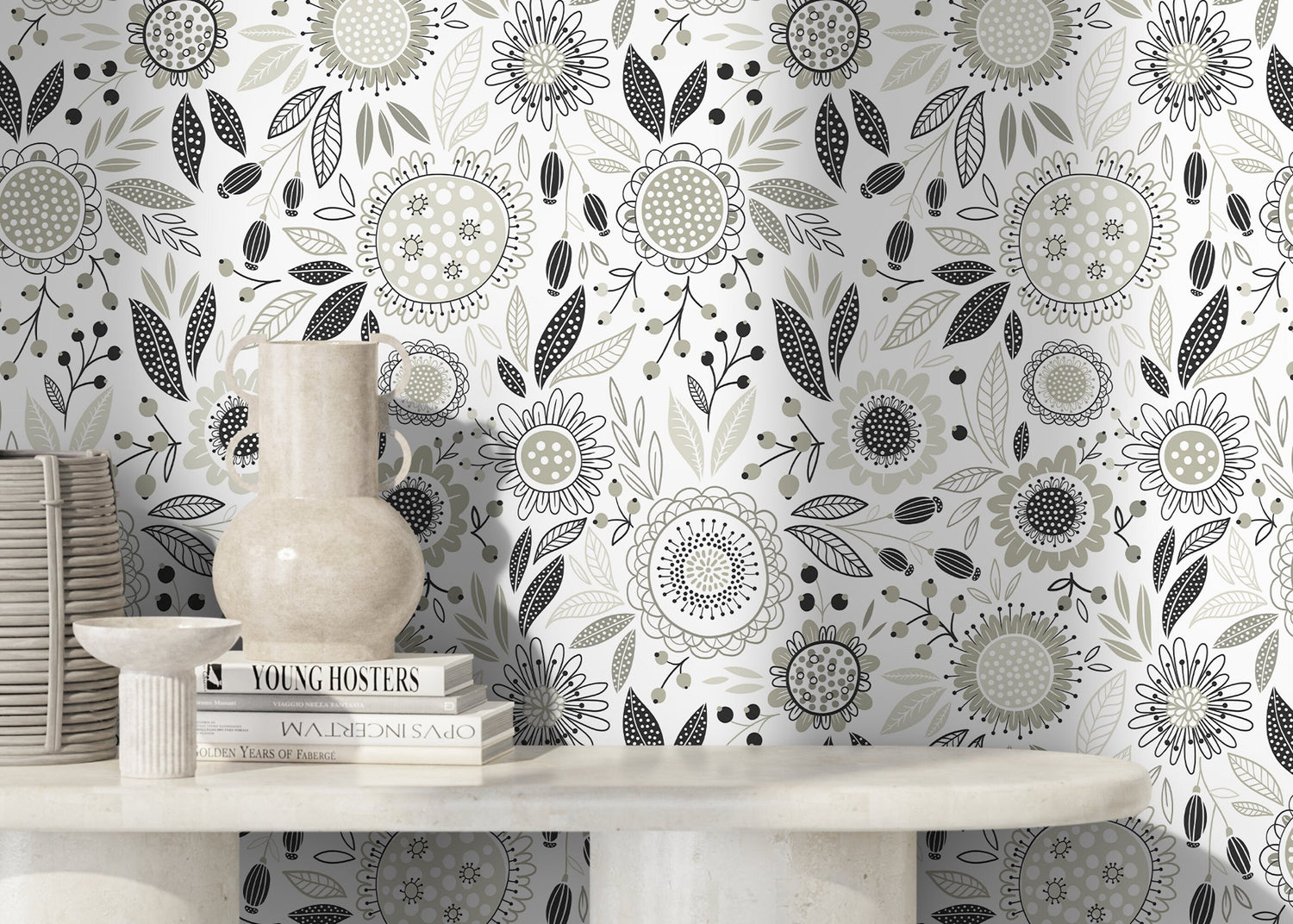 Gray Floral Garden Wallpaper / Peel and Stick Wallpaper Removable Wallpaper Home Decor Wall Art Wall Decor Room Decor - D283
