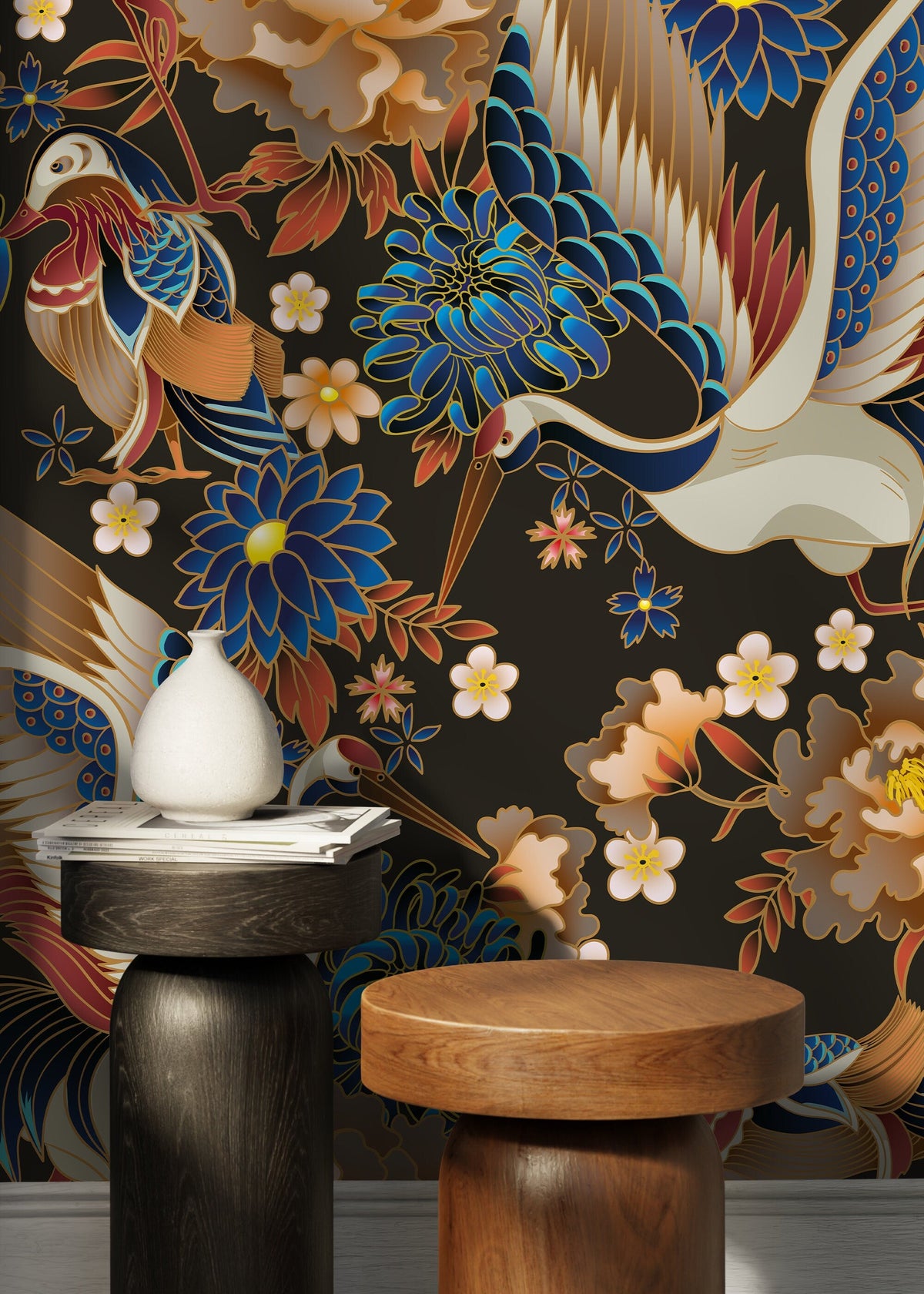 Chinoiserie Crane Birds Wallpaper / Peel and Stick Wallpaper Removable Wallpaper Home Decor Wall Art Wall Decor Room Decor - D245