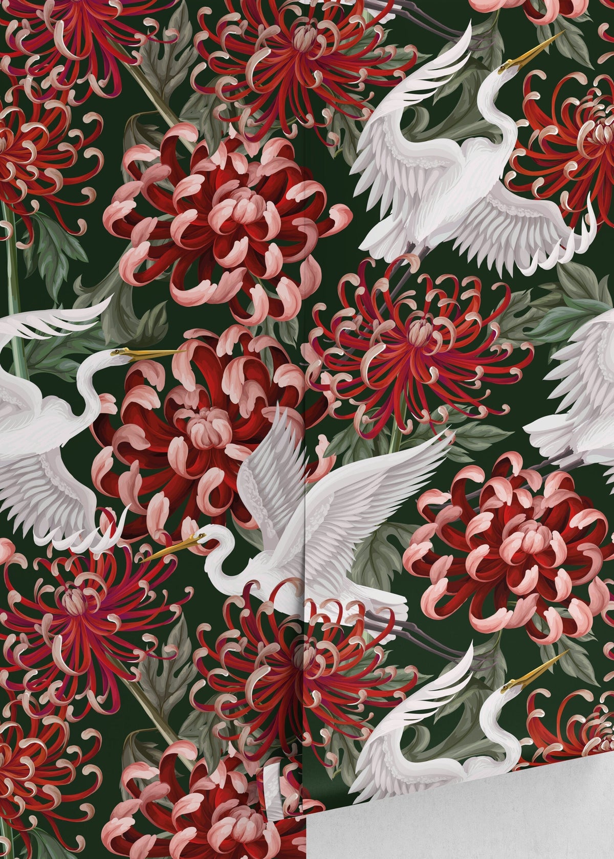 Chinoiserie Red Flower and Crane Birds / Peel and Stick Wallpaper Removable Wallpaper Home Decor Wall Art Wall Decor Room Decor - D264