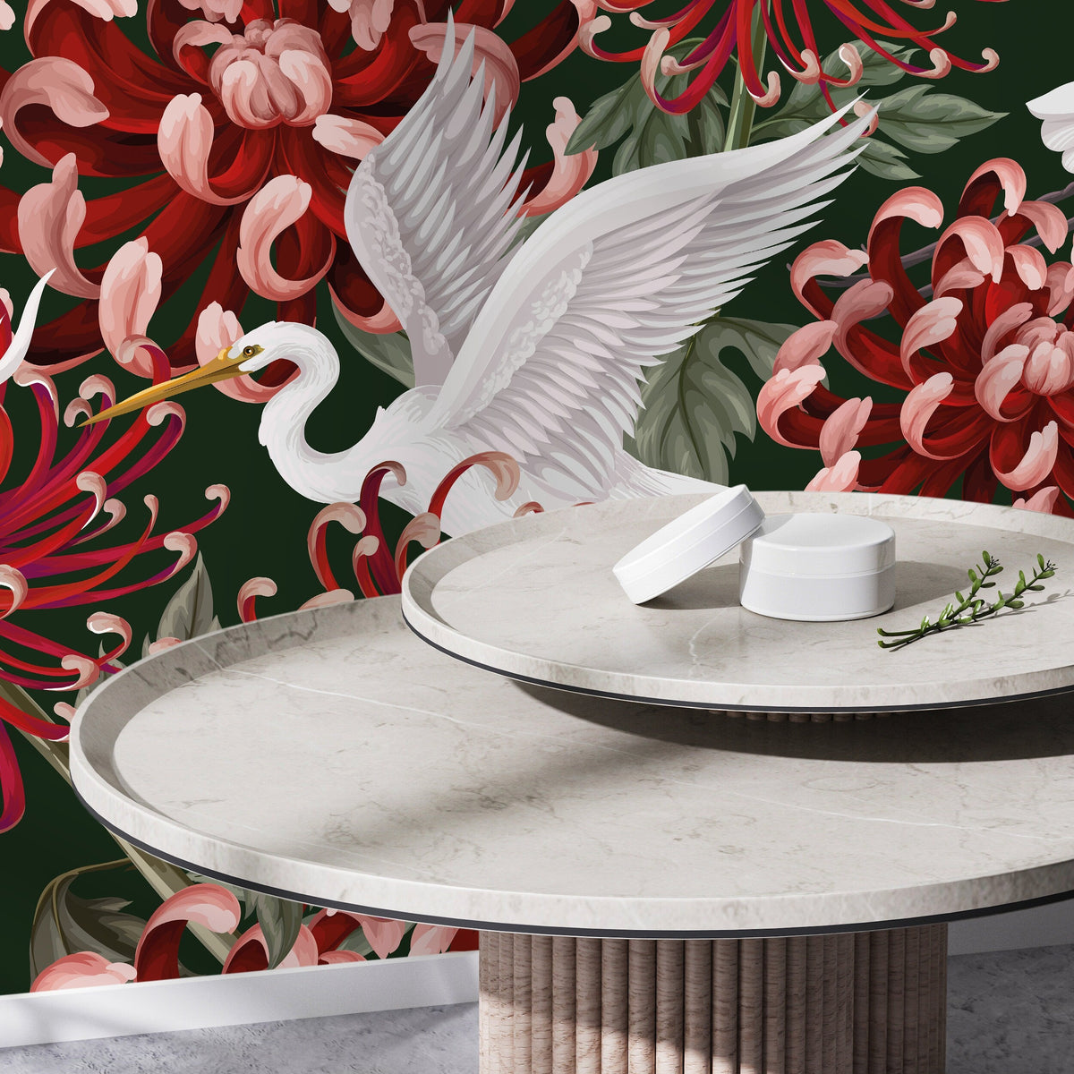 Chinoiserie Red Flower and Crane Birds / Peel and Stick Wallpaper Removable Wallpaper Home Decor Wall Art Wall Decor Room Decor - D264